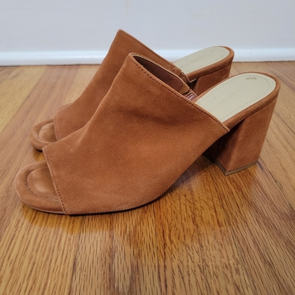 Marc Fisher‎ Dafne Wedge Slip-on Mules Heels Size 8 Brown Suede Leather Peep Toe